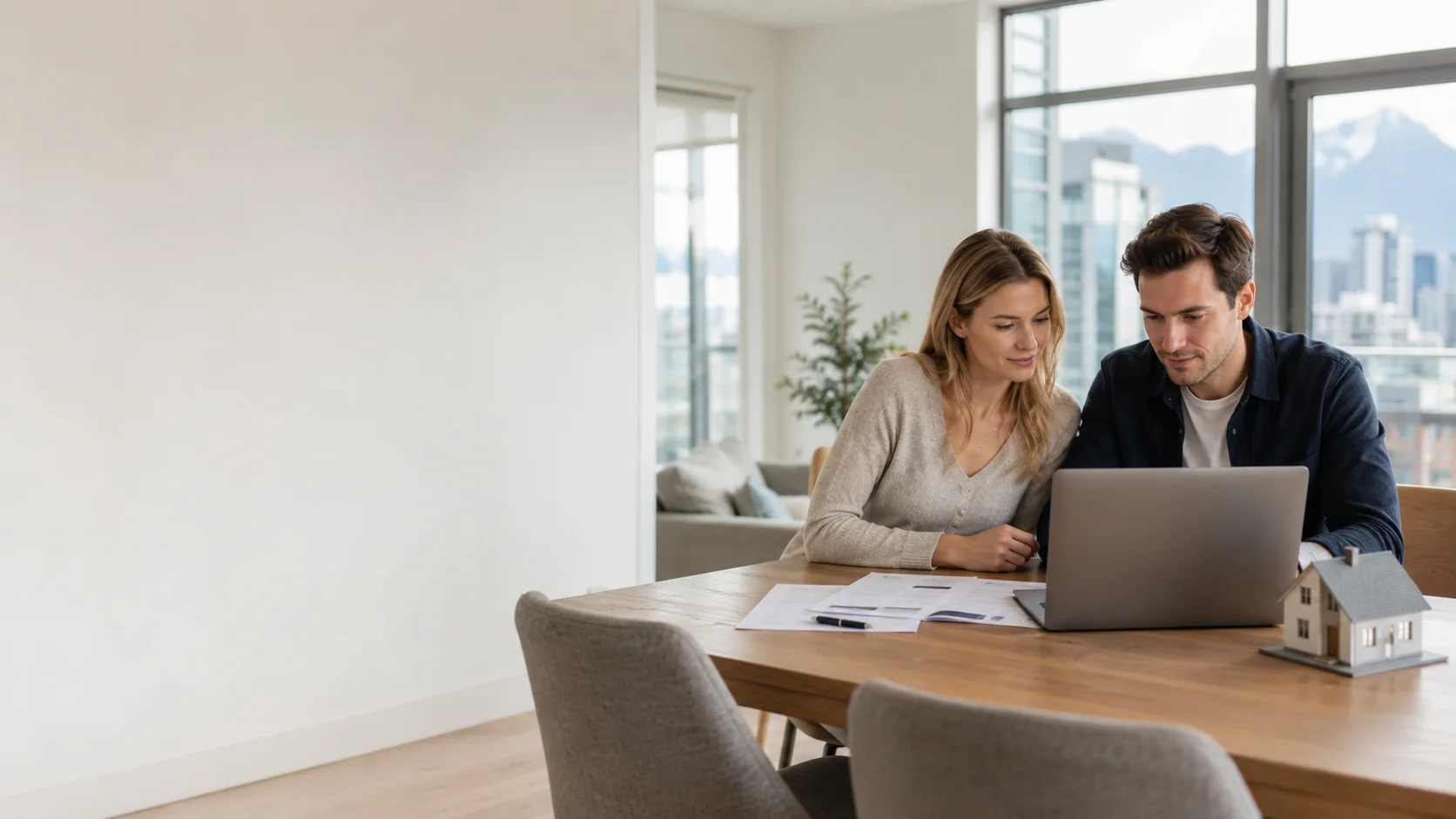 First-time home buyers reviewing mortgage documents with a Vancouver skyline view